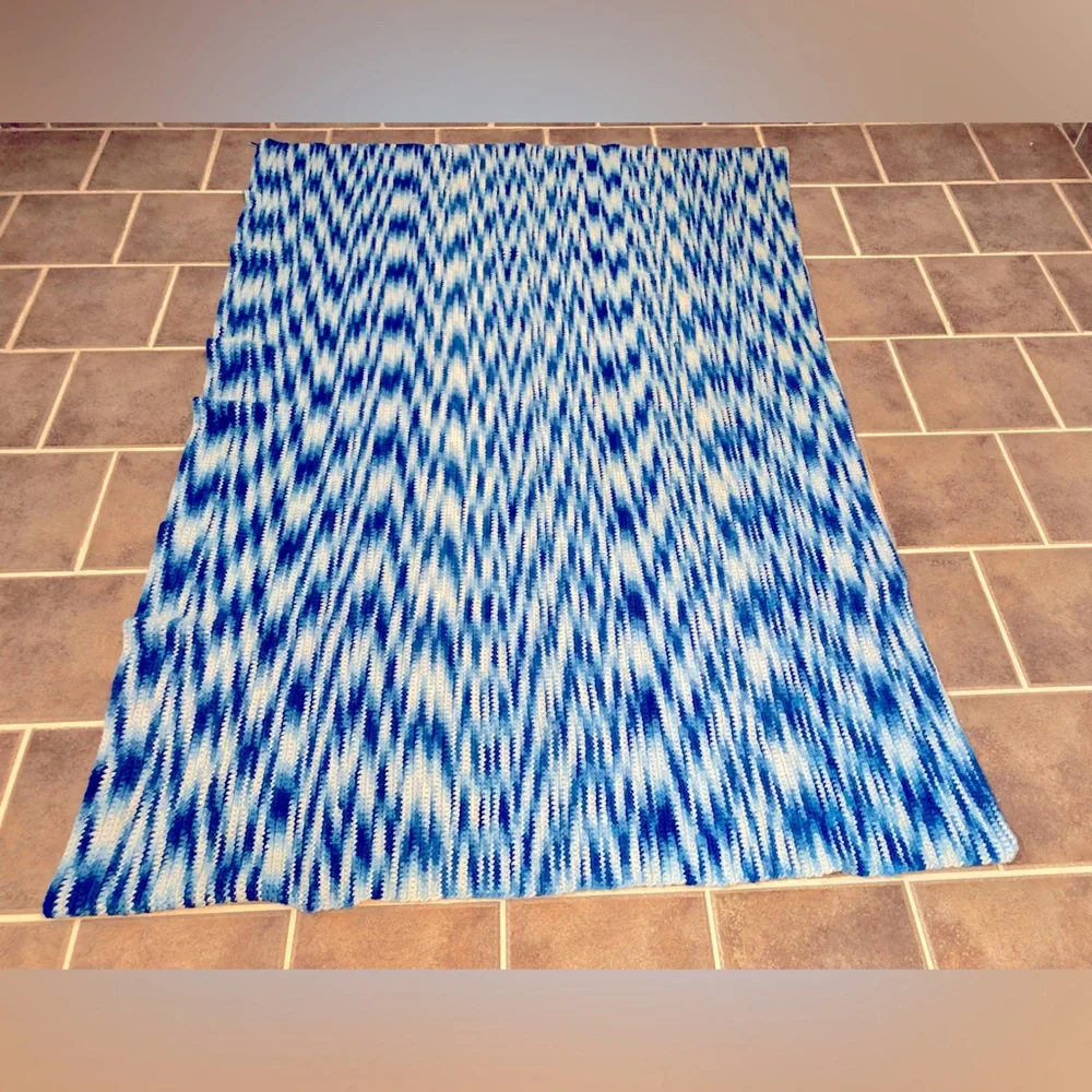 Unique Retro Tie Dye Look Hand Knit/Crochet Blue Monochromatic Throw/Blanket